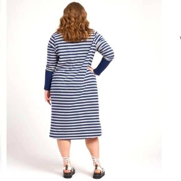 Universal Standard Rhine V Neck Color Block Cuff Dress Blue White Stripe 4 NWT - Picture 4 of 12